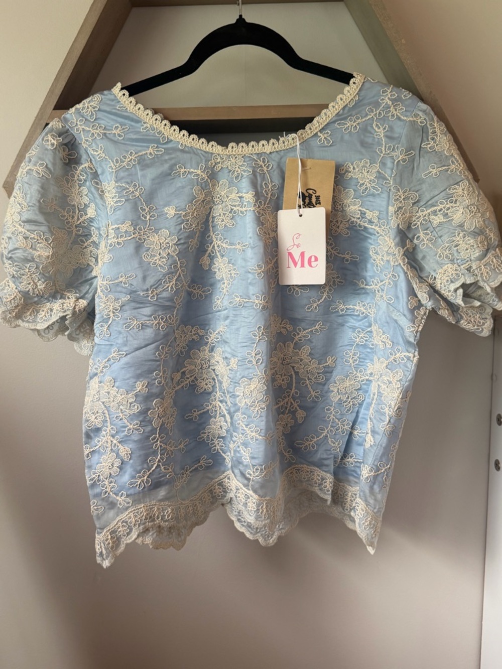 ME Makeover Essentials Sky Blue Lace-Trim Puff Sleeve Blouse
